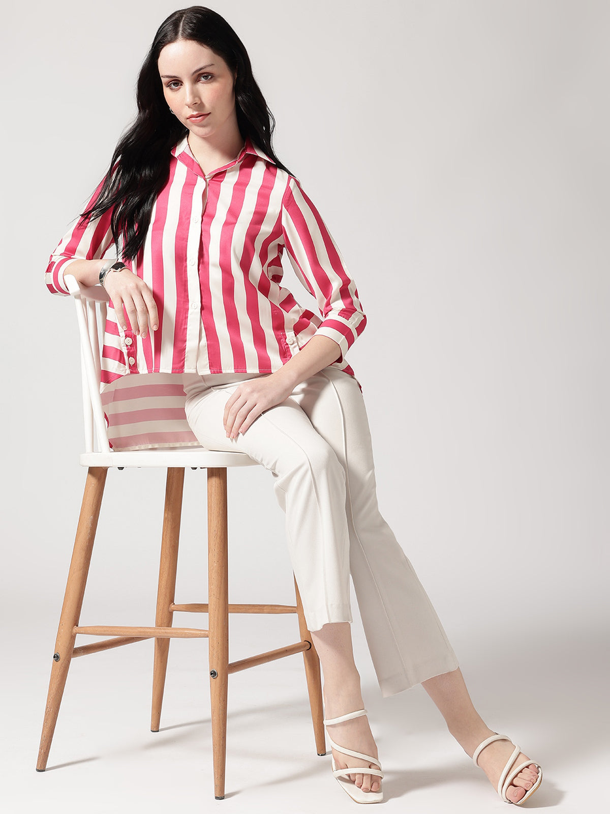 Pink & White Vertical Striped Shirt with High-Low Hem