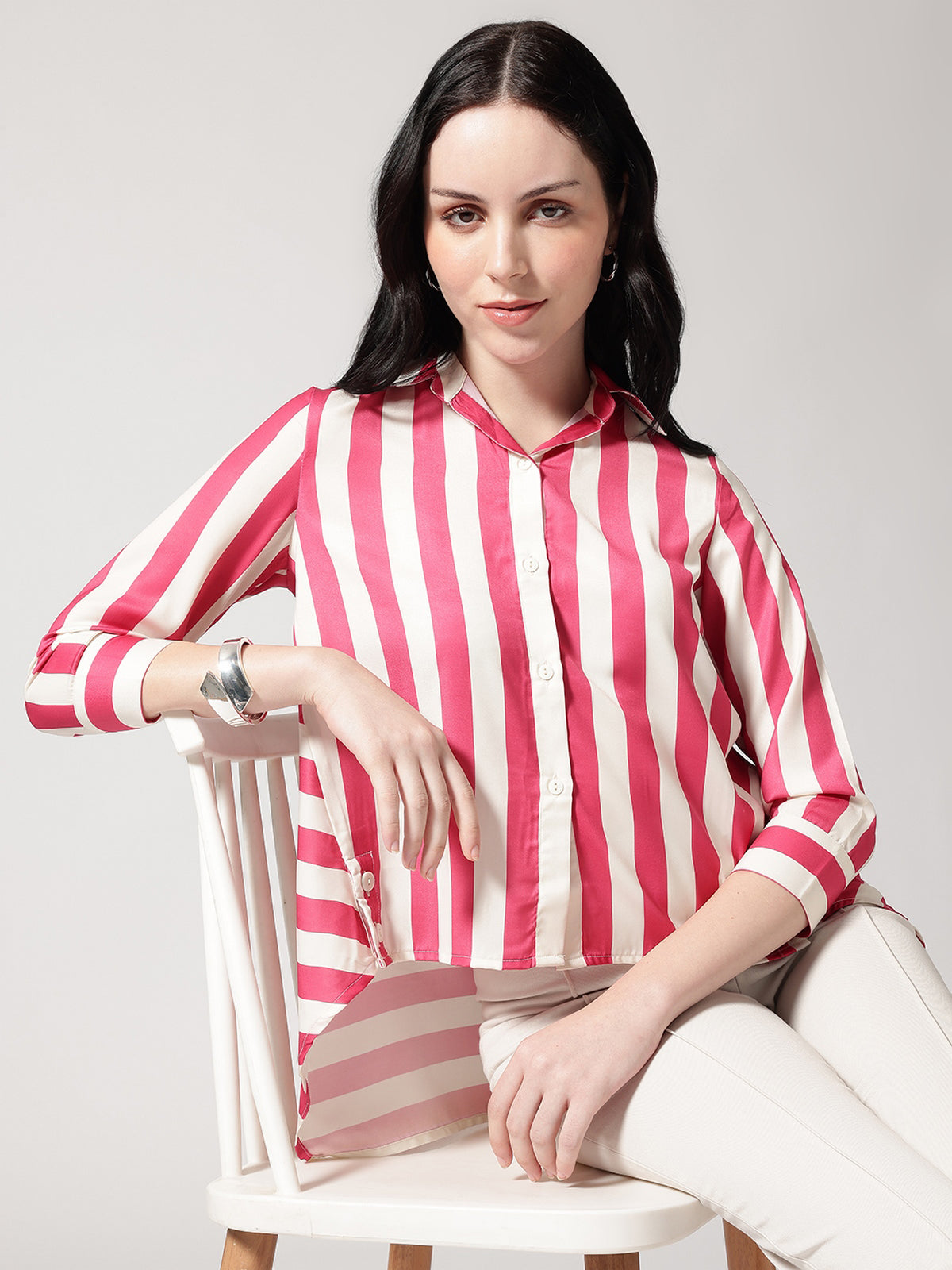 Pink & White Vertical Striped Shirt with High-Low Hem