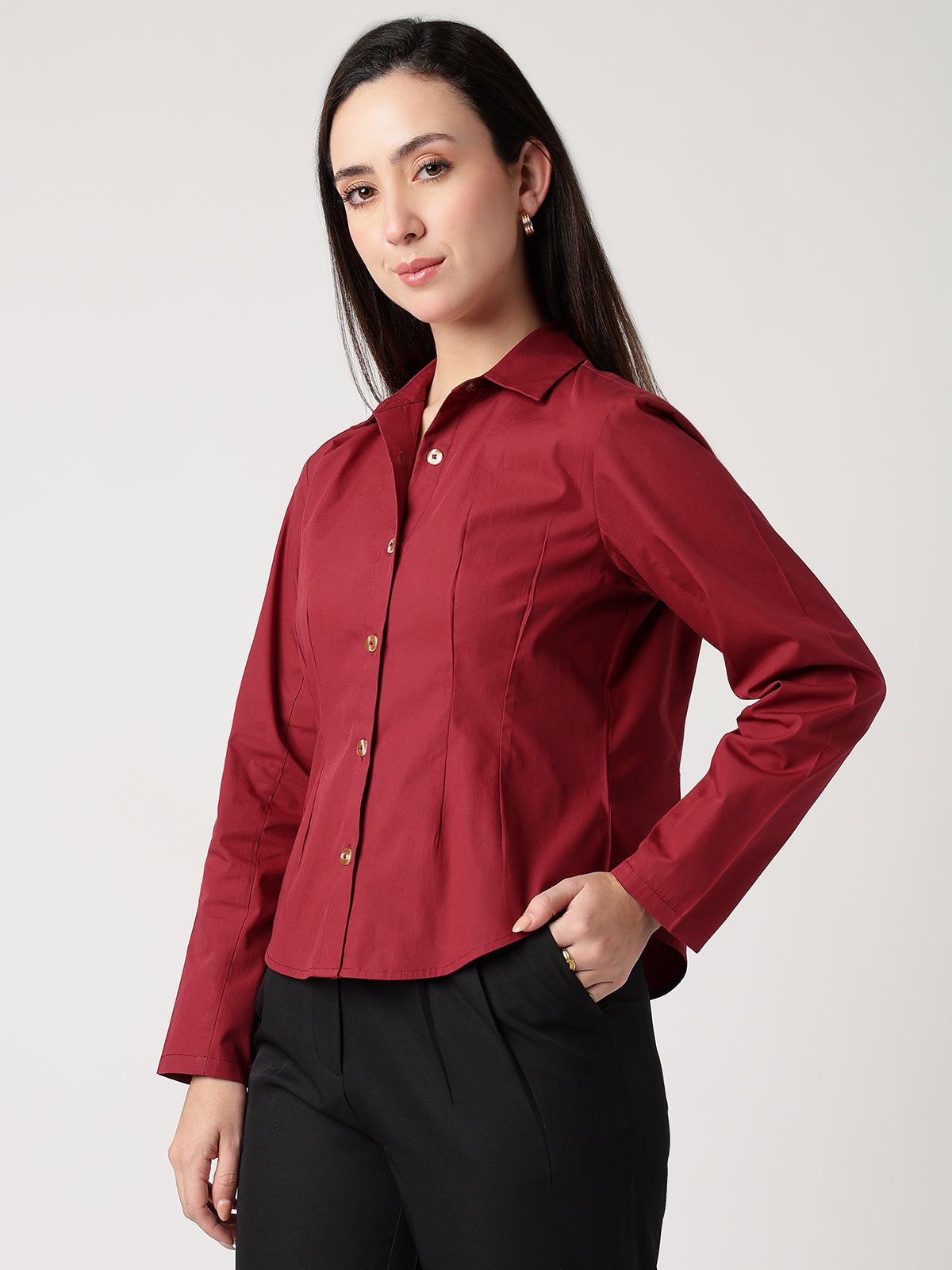 Tailored Poplin Maroon Shirt