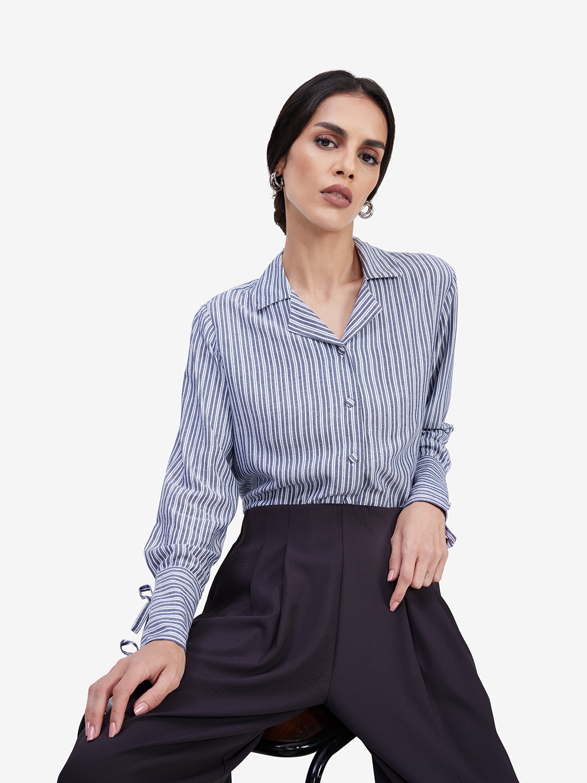 White Grey Striped Lapel Shirt
