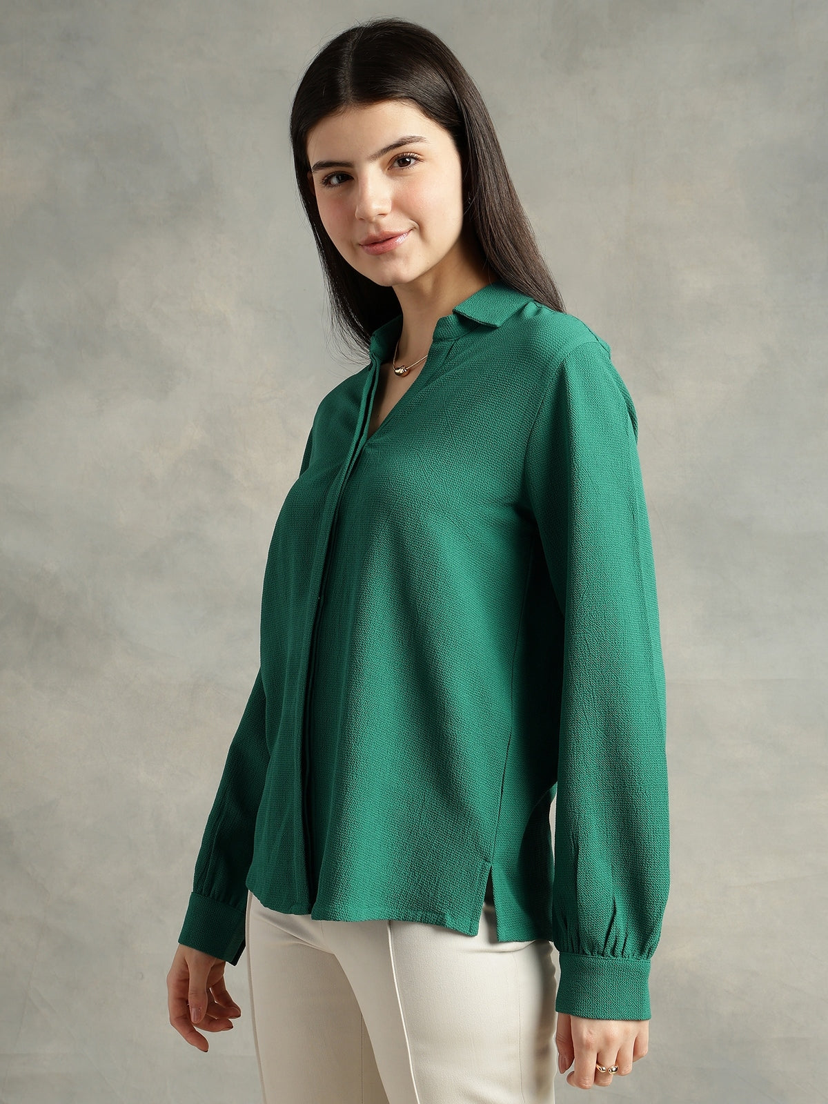 Teal Green Crepe Spread Collar Shirt