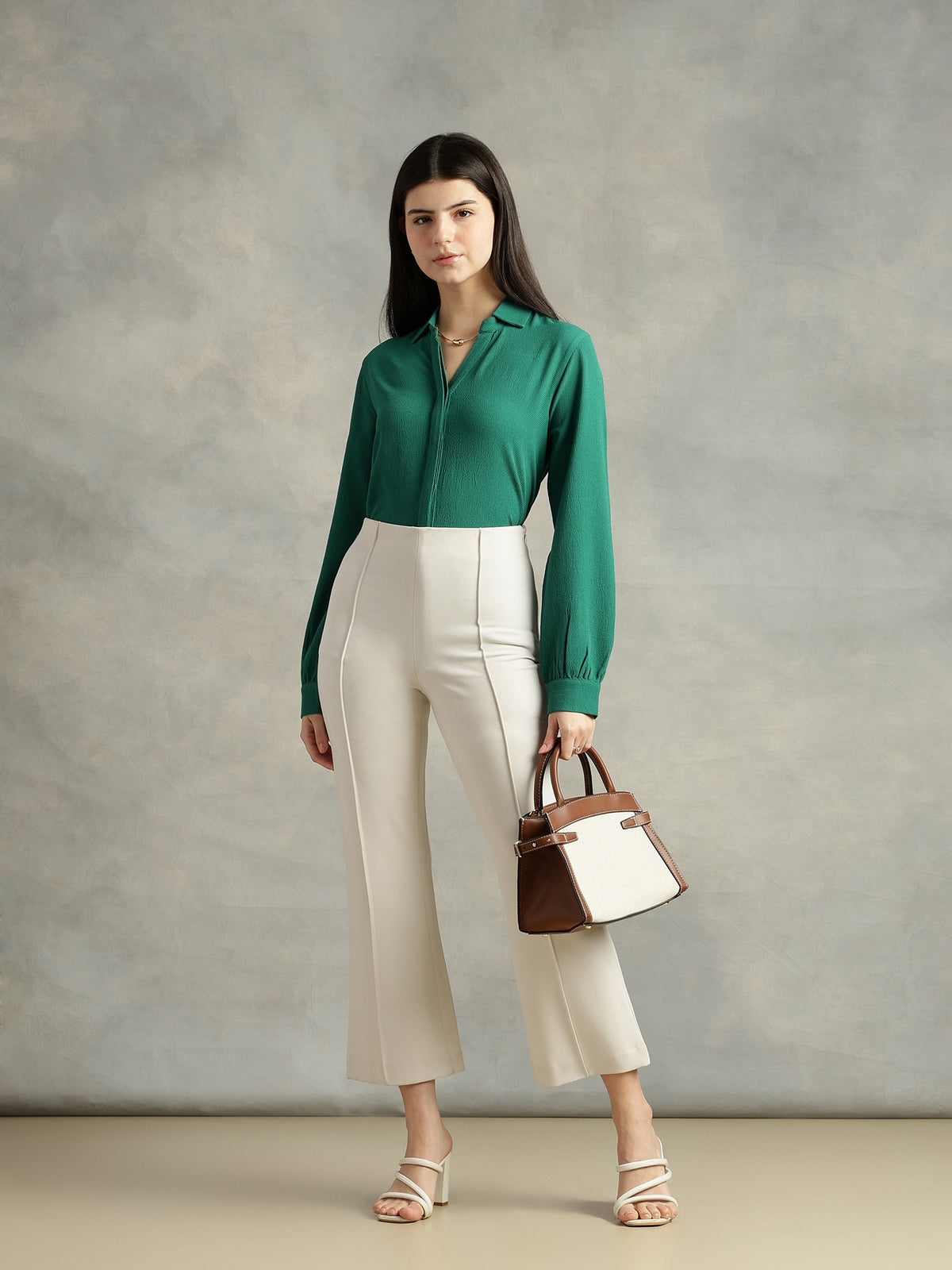 Teal Green Crepe Spread Collar Shirt