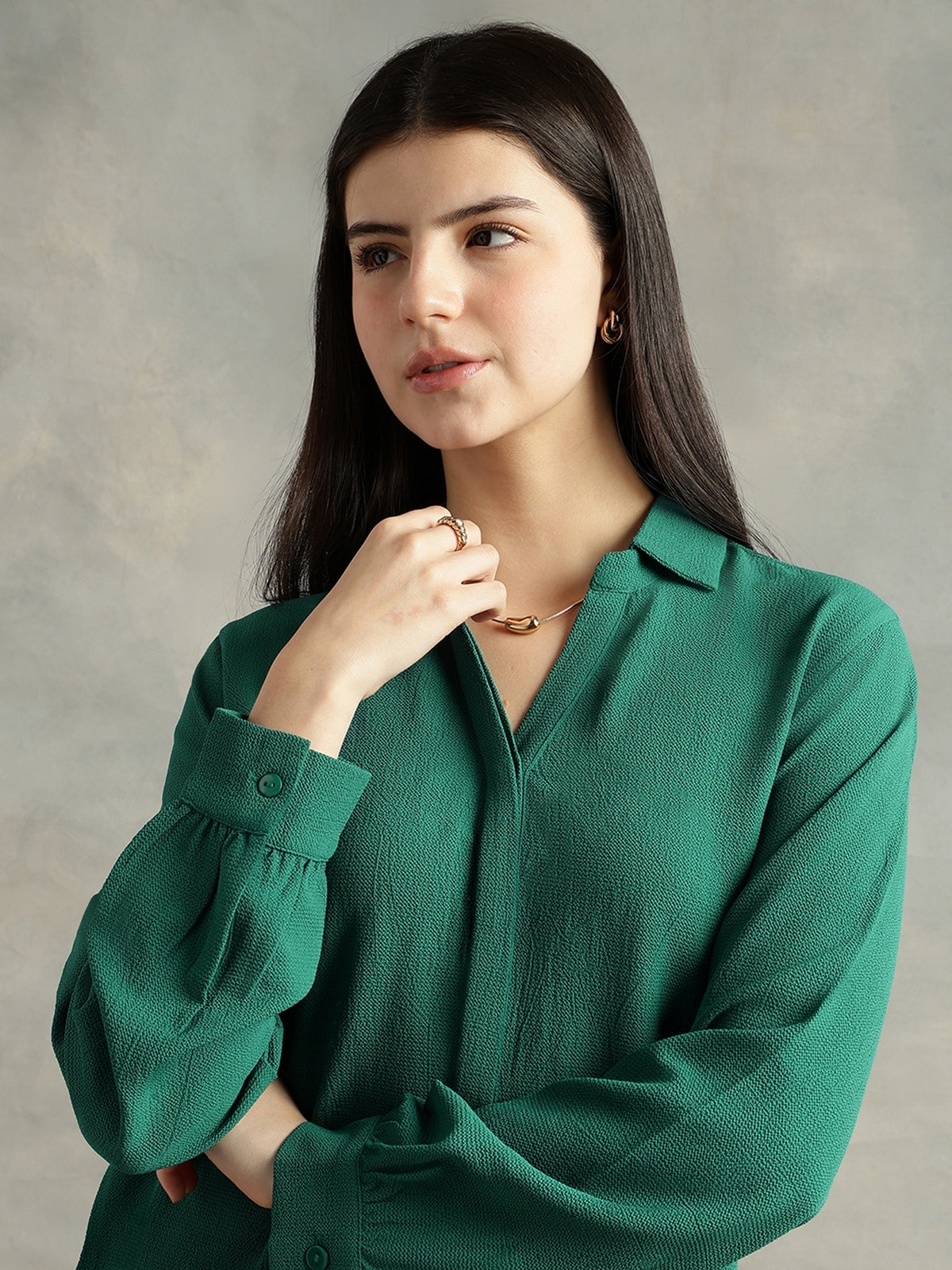 Teal Green Crepe Spread Collar Shirt