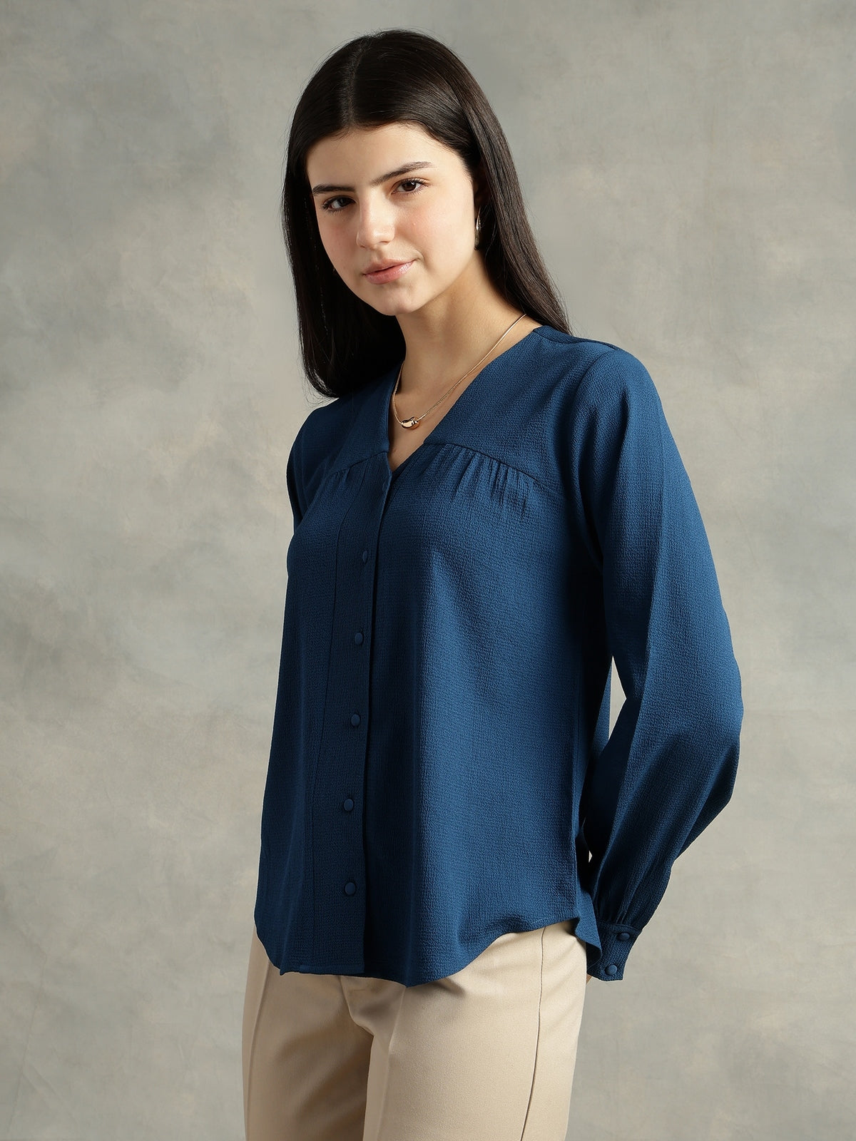 Blue V-Neck Long Sleeves Top