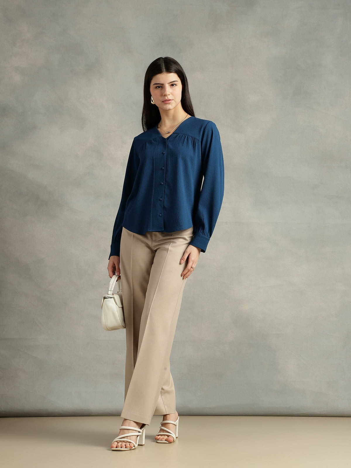 Blue V-Neck Long Sleeves Top