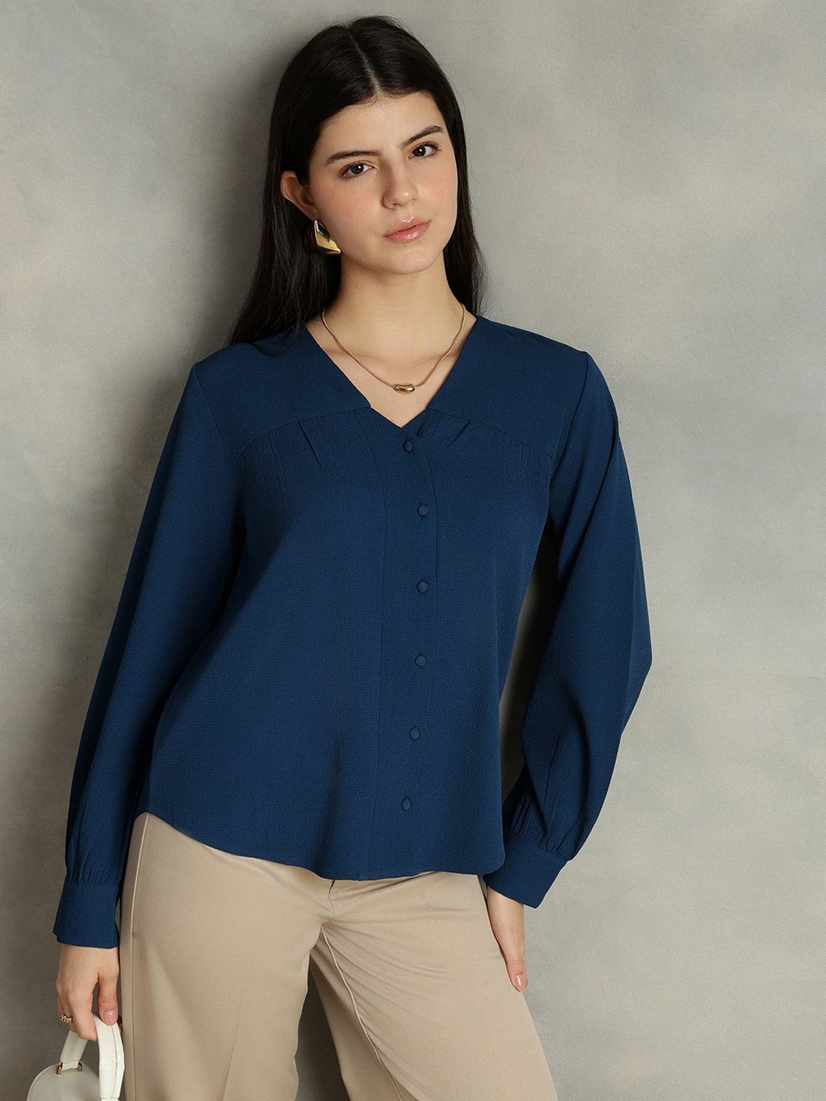 Blue V-Neck Long Sleeves Top