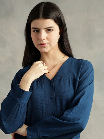 Blue V-Neck Long Sleeves Top