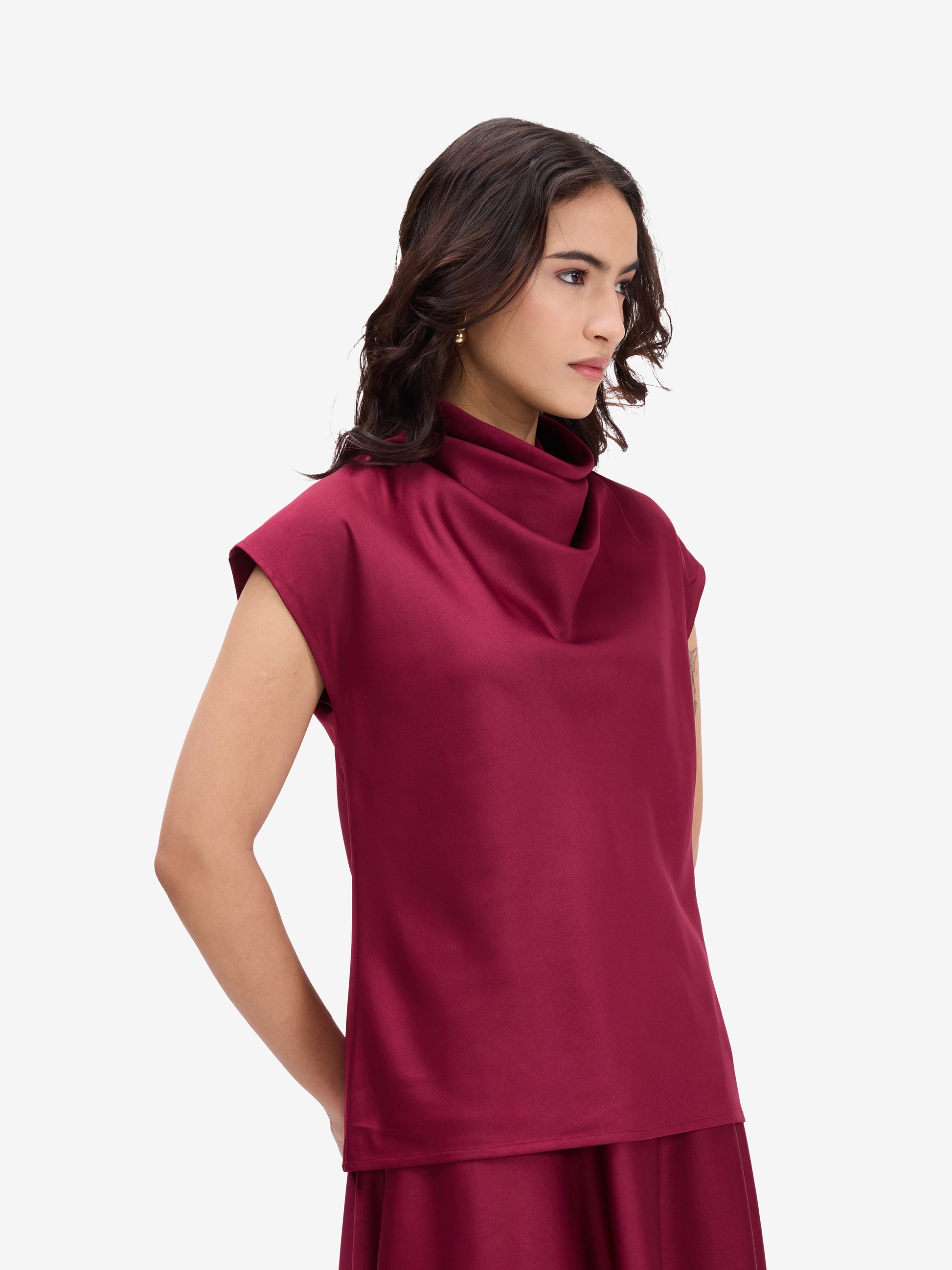 Maroon Luxe Satin Cowl Neck Top