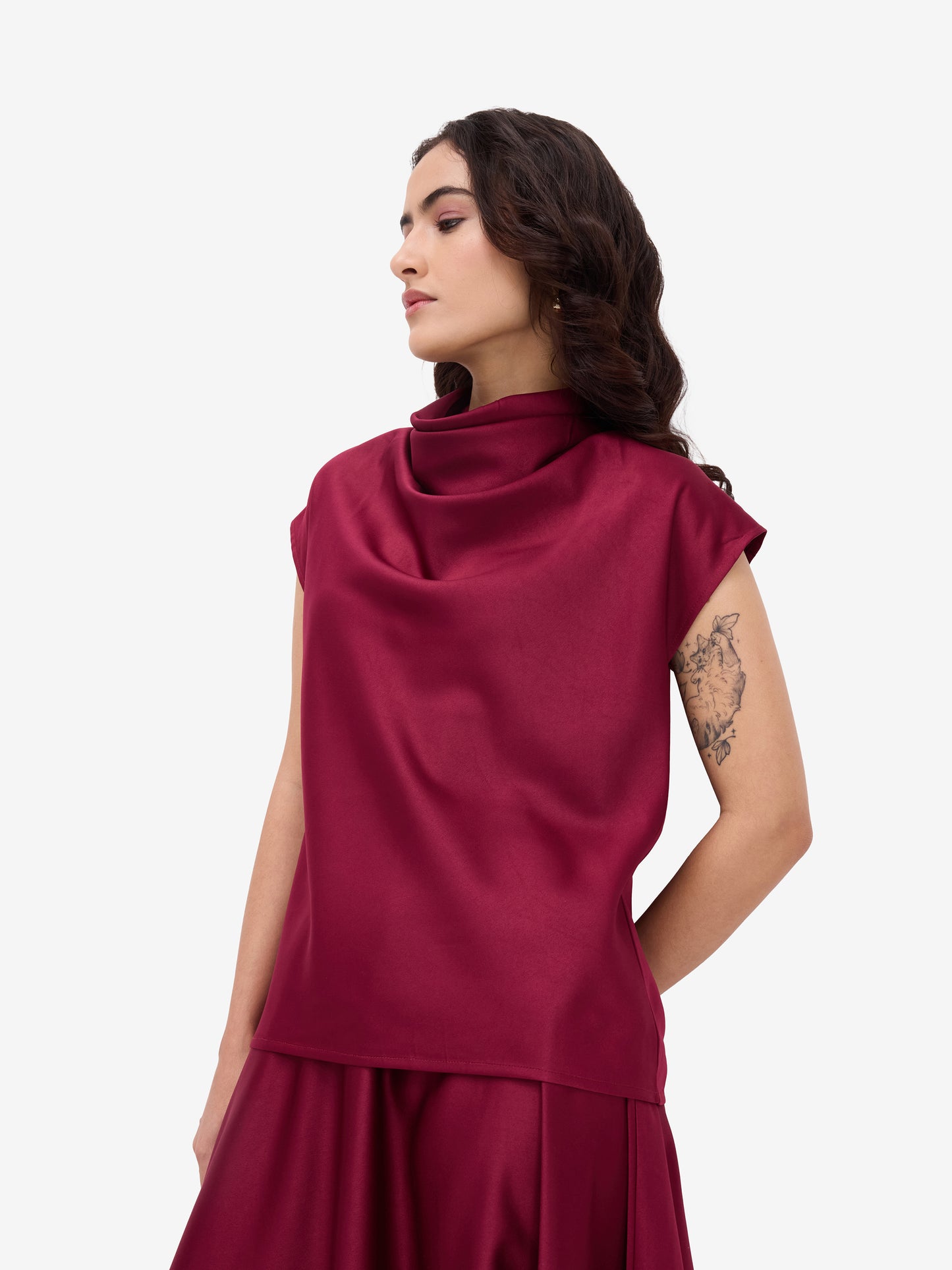 Maroon Luxe Satin Cowl Neck Top