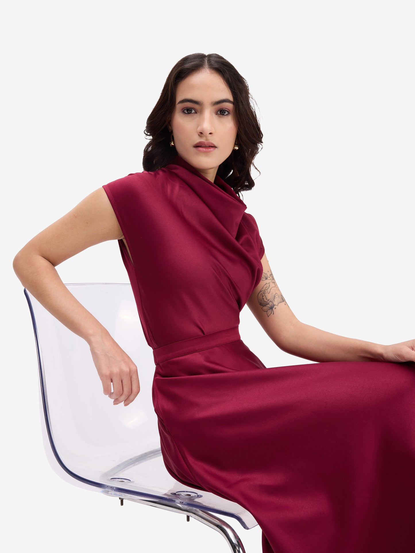 Maroon Luxe Satin Cowl Neck Top