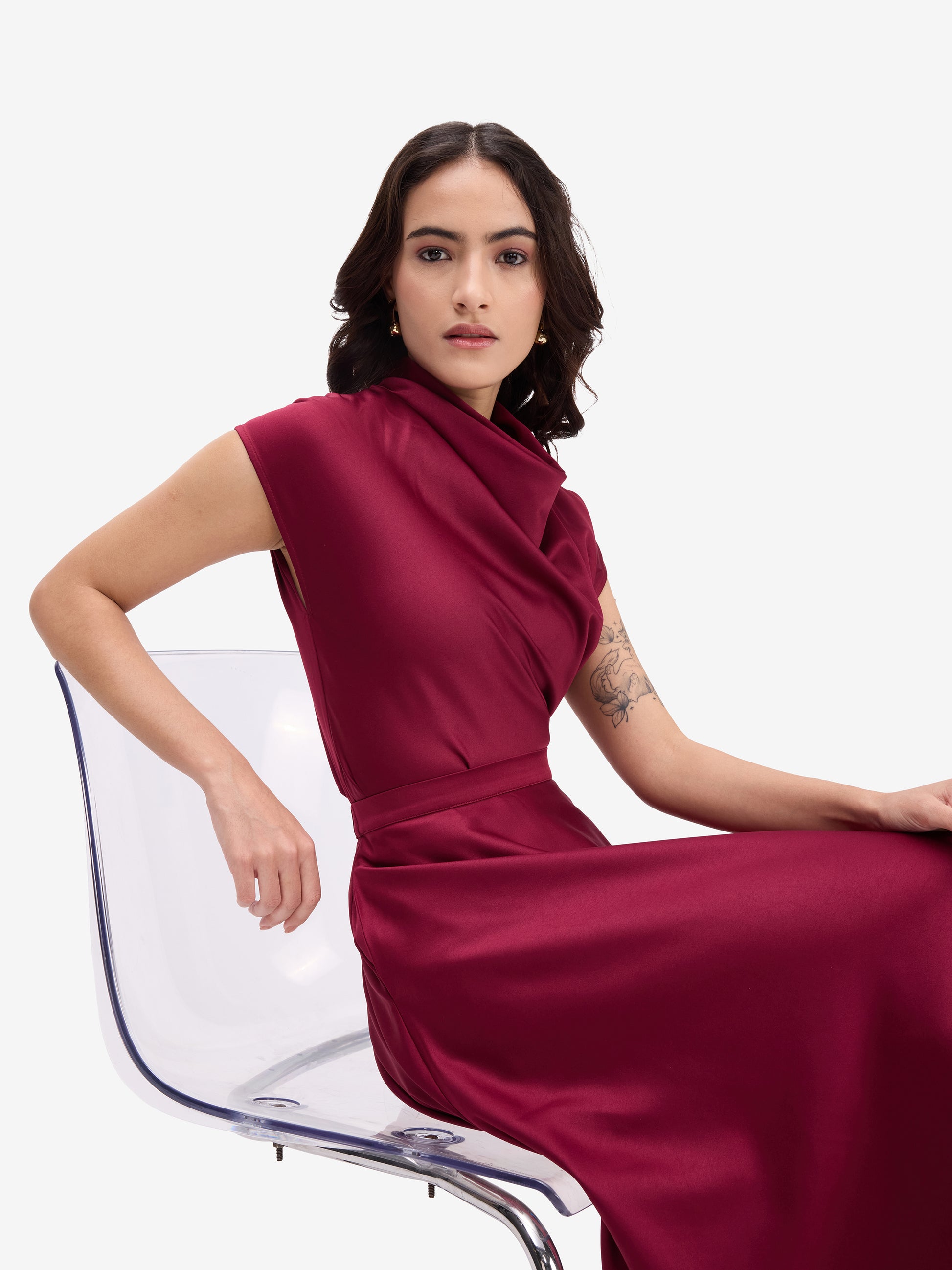 Maroon Luxe Satin Cowl Neck Top