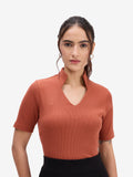 Brown Ribbed Knit Top