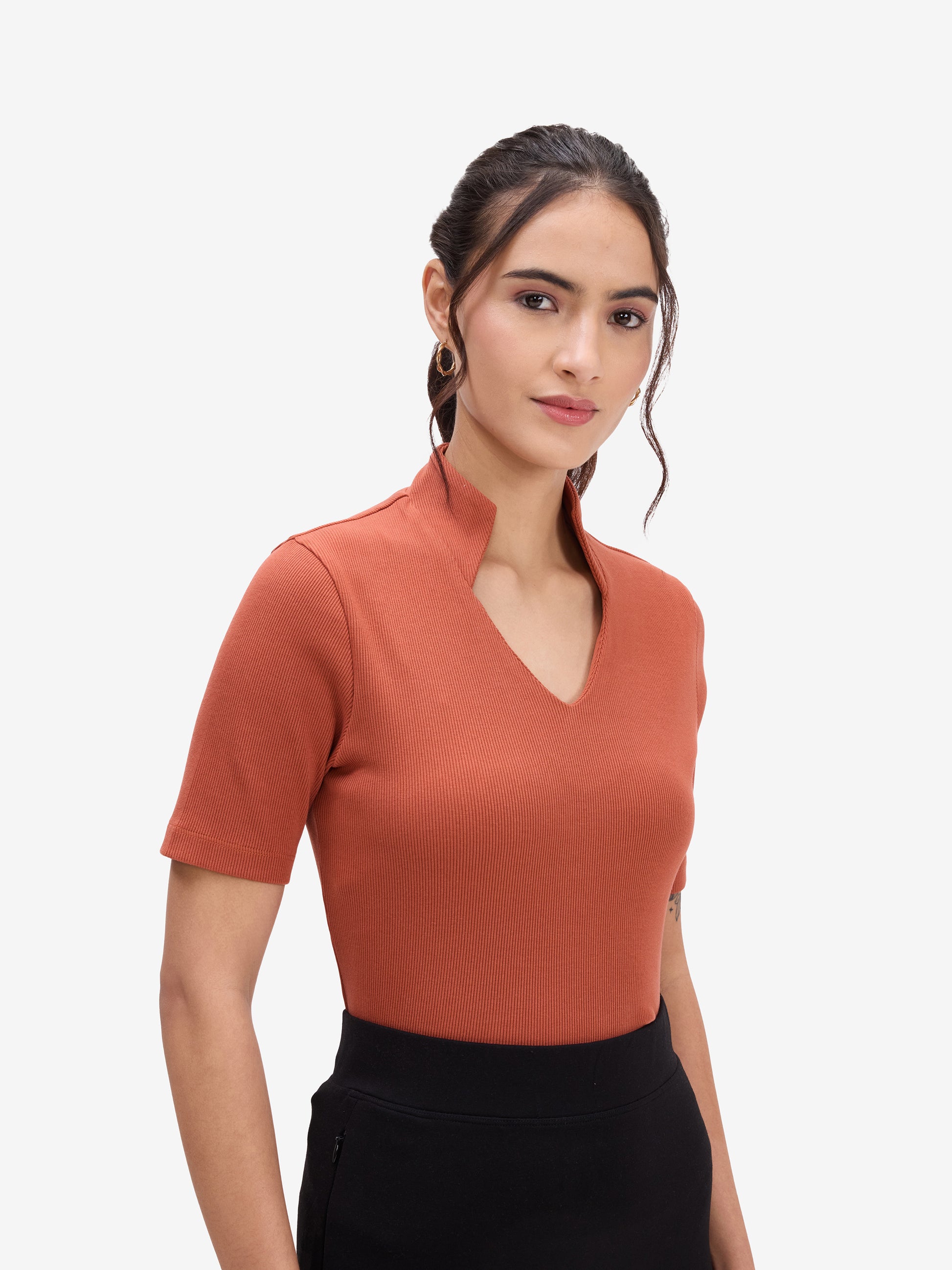 Brown Ribbed Knit Top