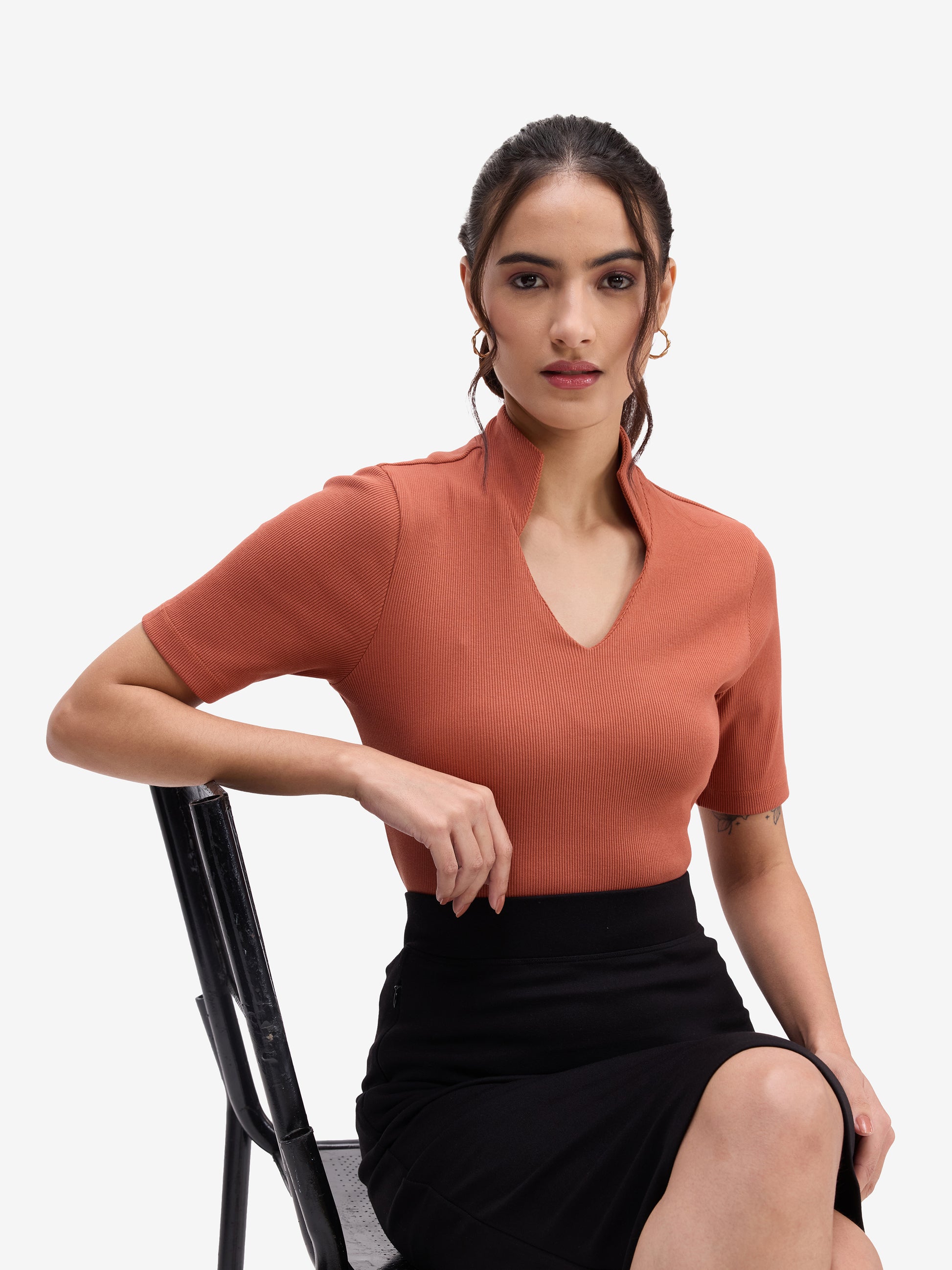 Brown Ribbed Knit Top