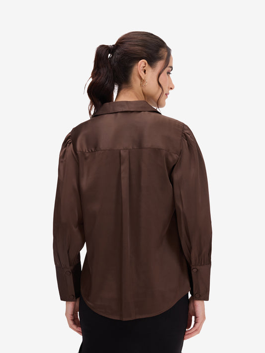 Brown Satin Lapel Collar Shirt