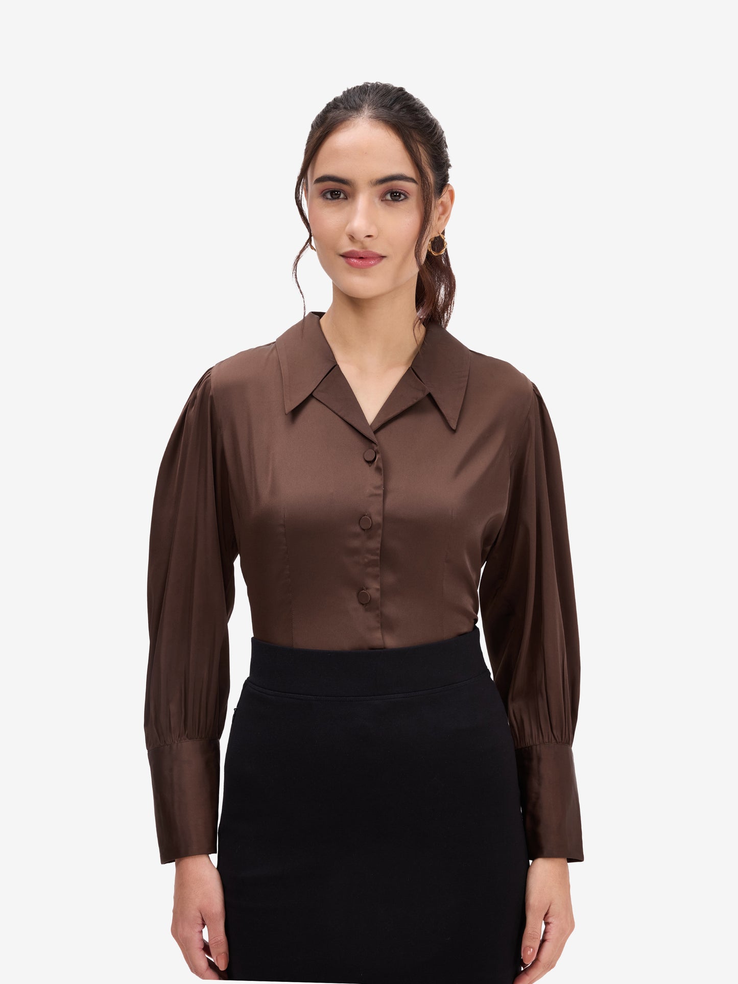 Brown Satin Lapel Collar Shirt