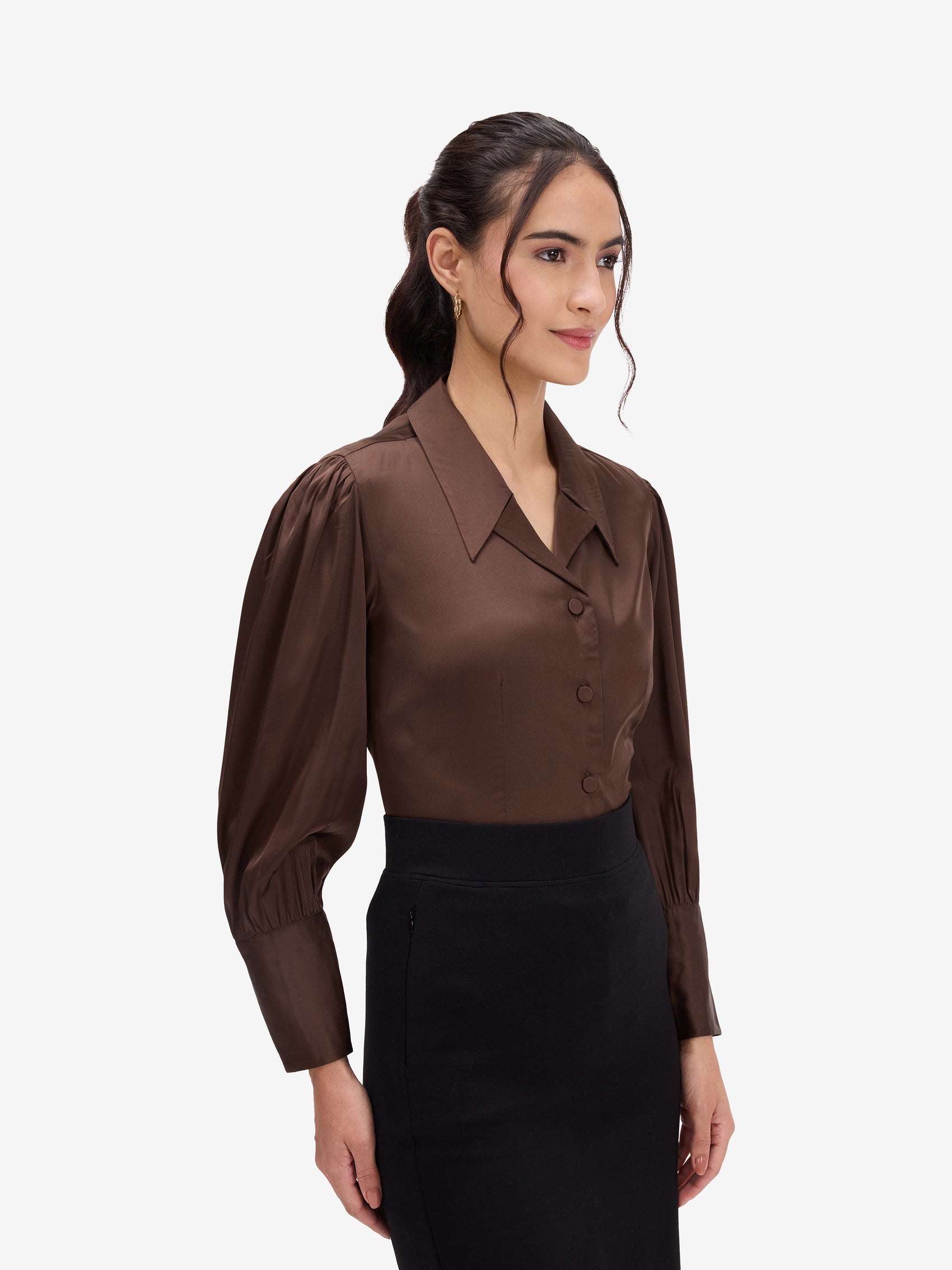 Brown Satin Lapel Collar Shirt