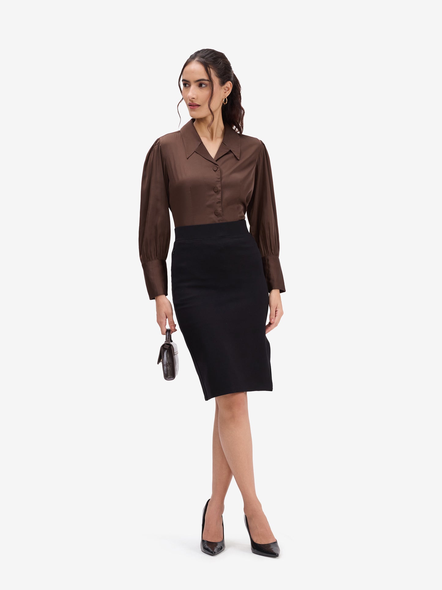 Brown Satin Lapel Collar Shirt