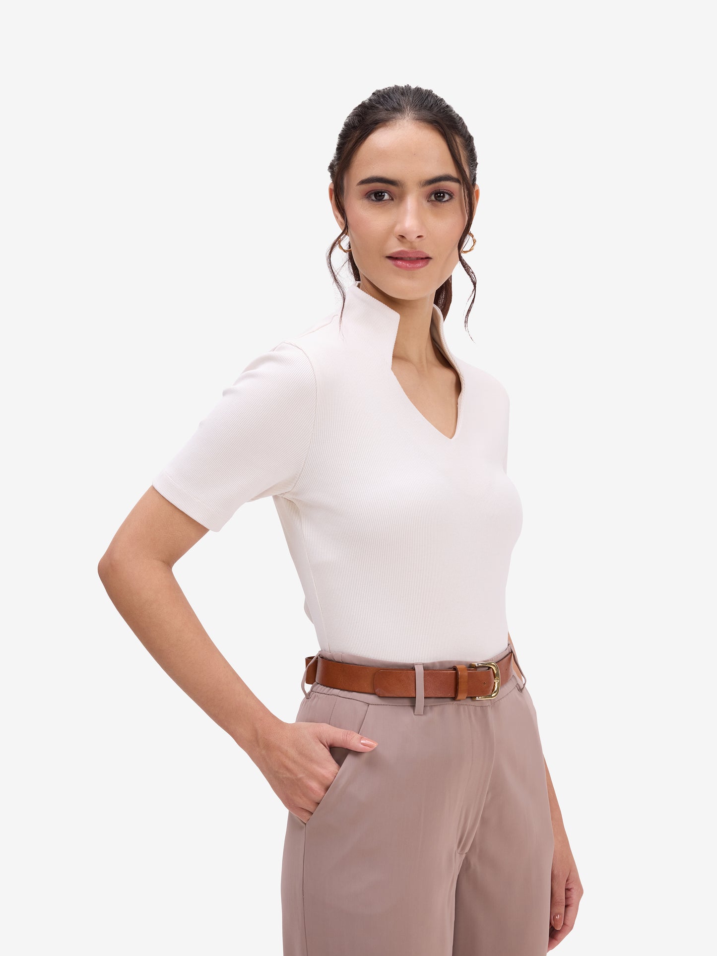 Off White Ribbed Knit Top