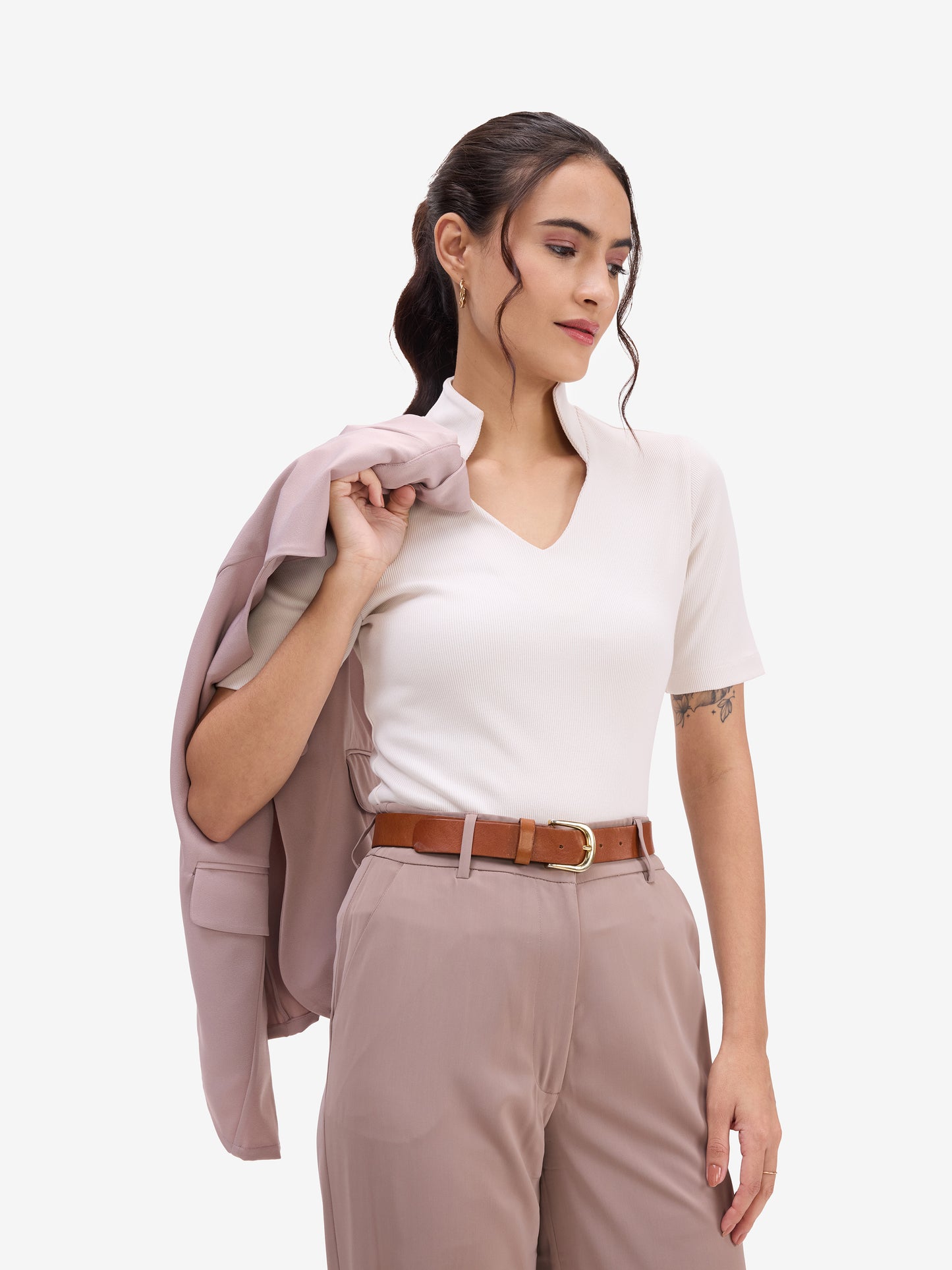 Off White Ribbed Knit Top