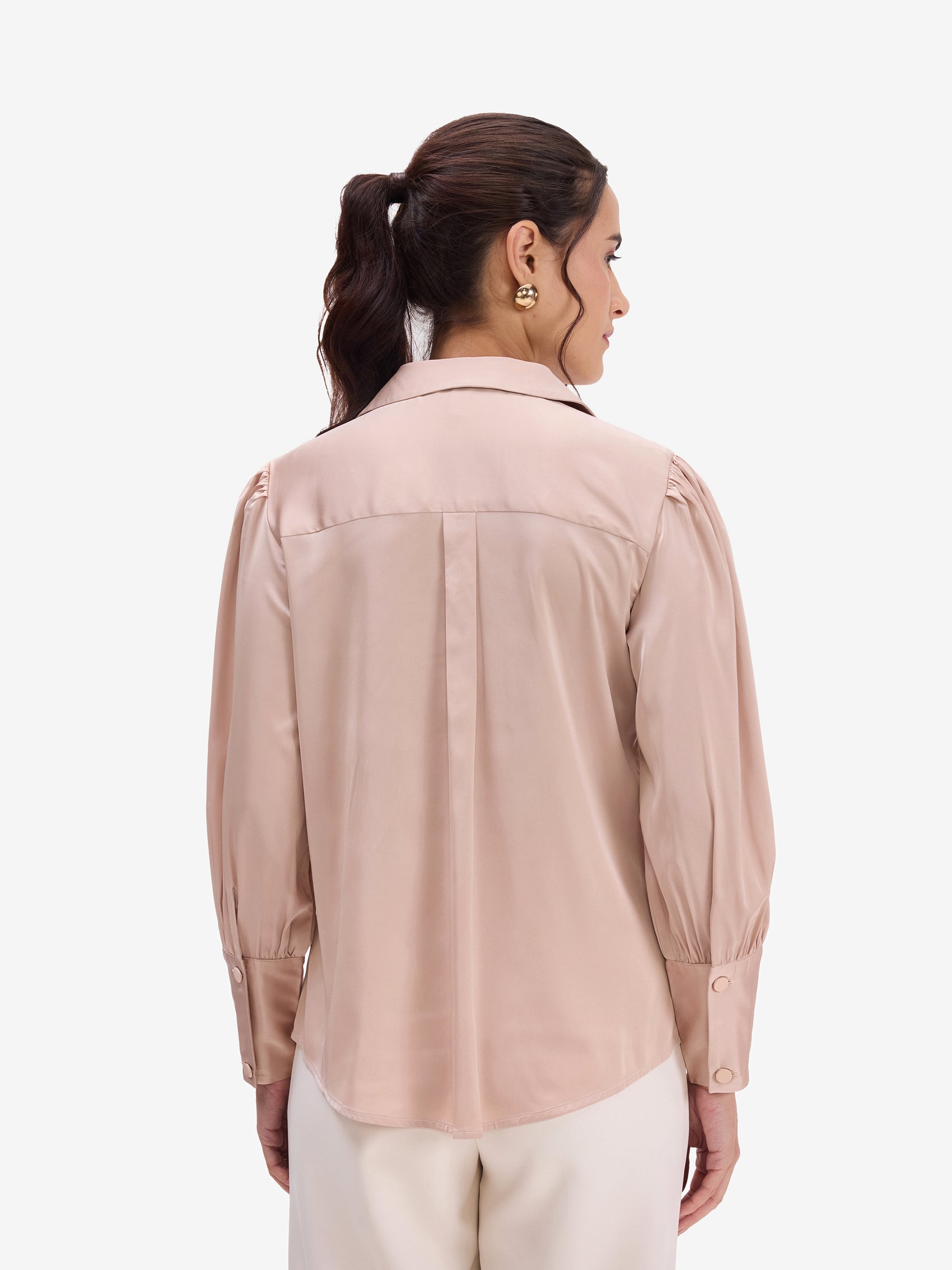 Beige Satin Lapel Collar Shirt