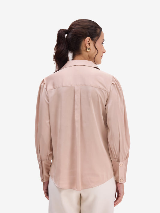 Beige Satin Lapel Collar Shirt