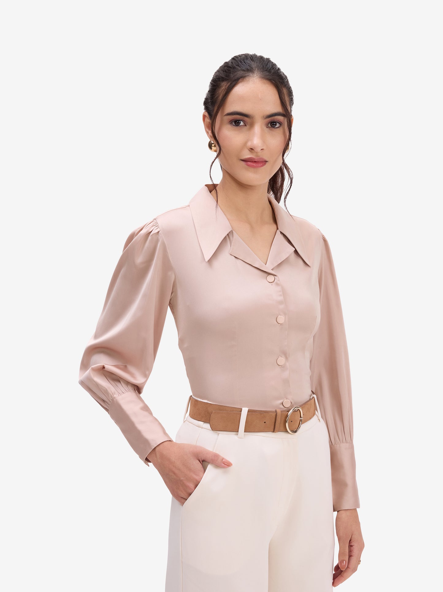 Beige Satin Lapel Collar Shirt