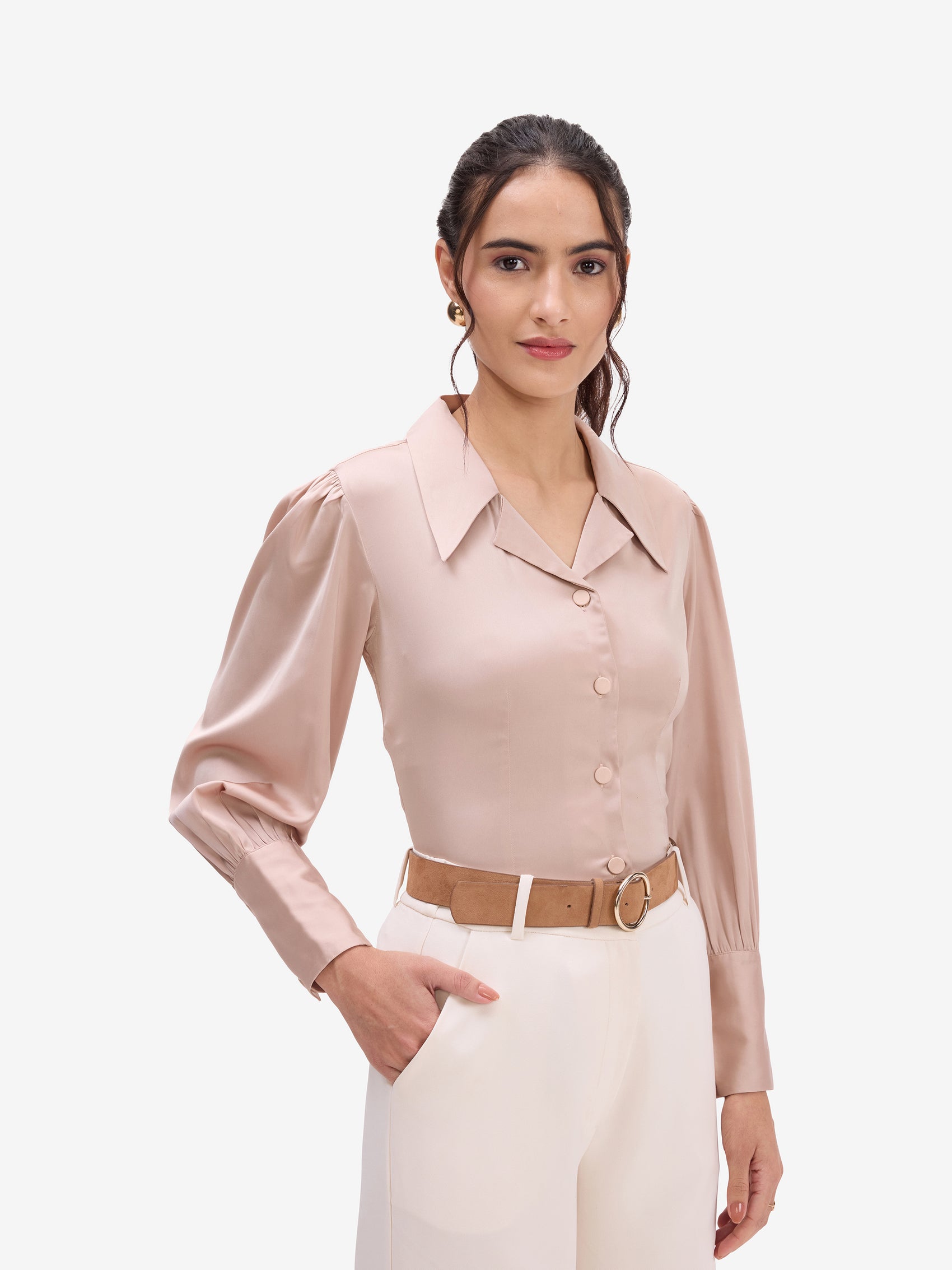 Beige Satin Lapel Collar Shirt