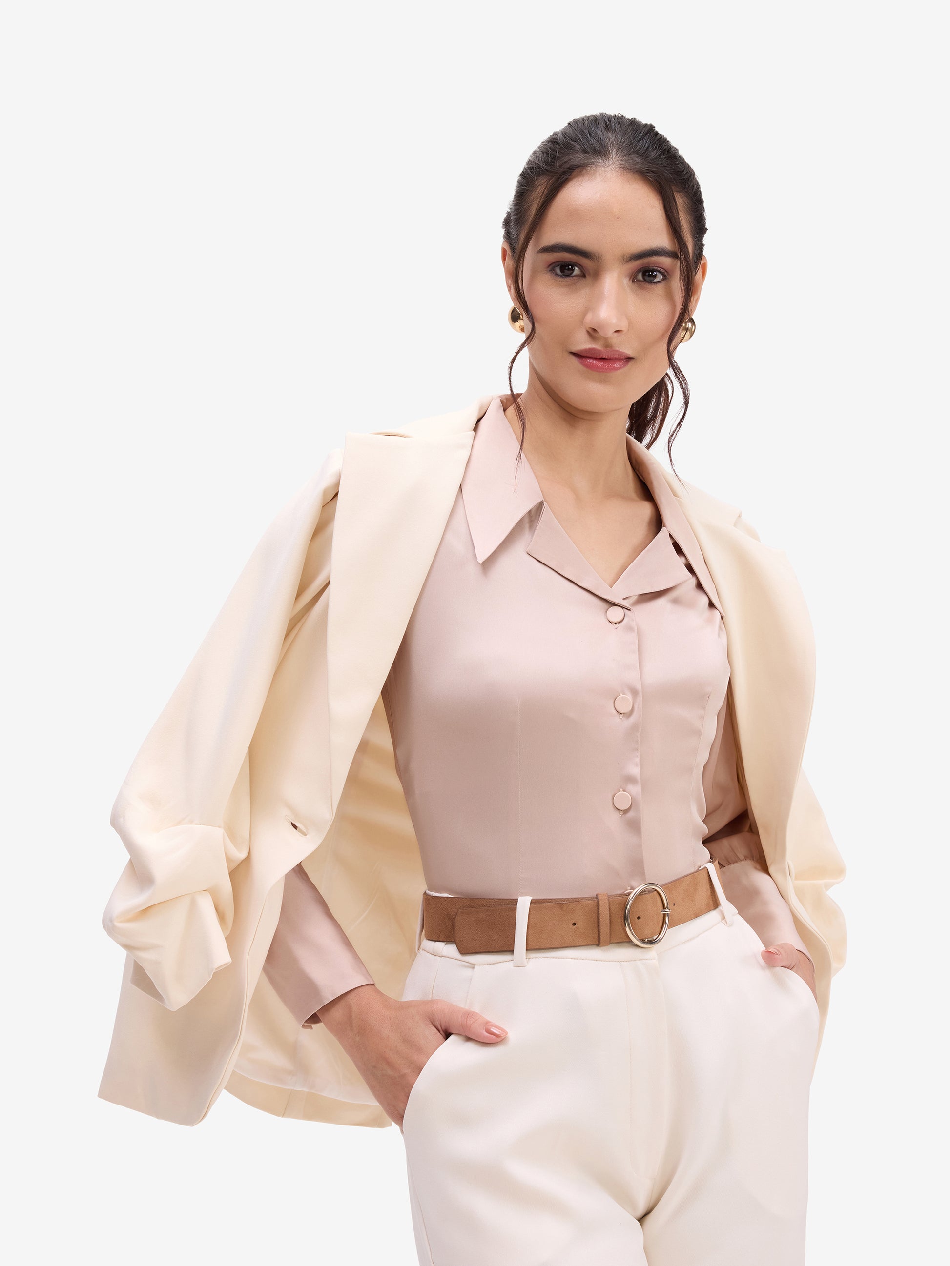 Beige Satin Lapel Collar Shirt