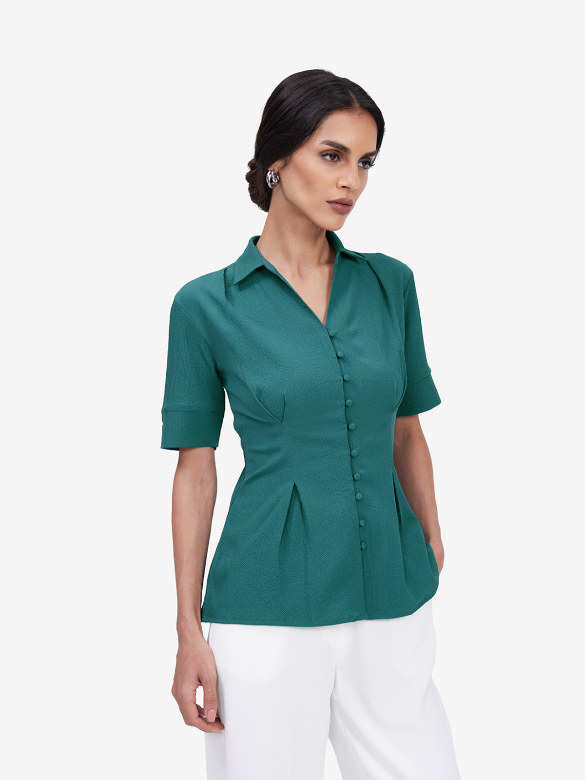 Teal Crepe Collar Shirt