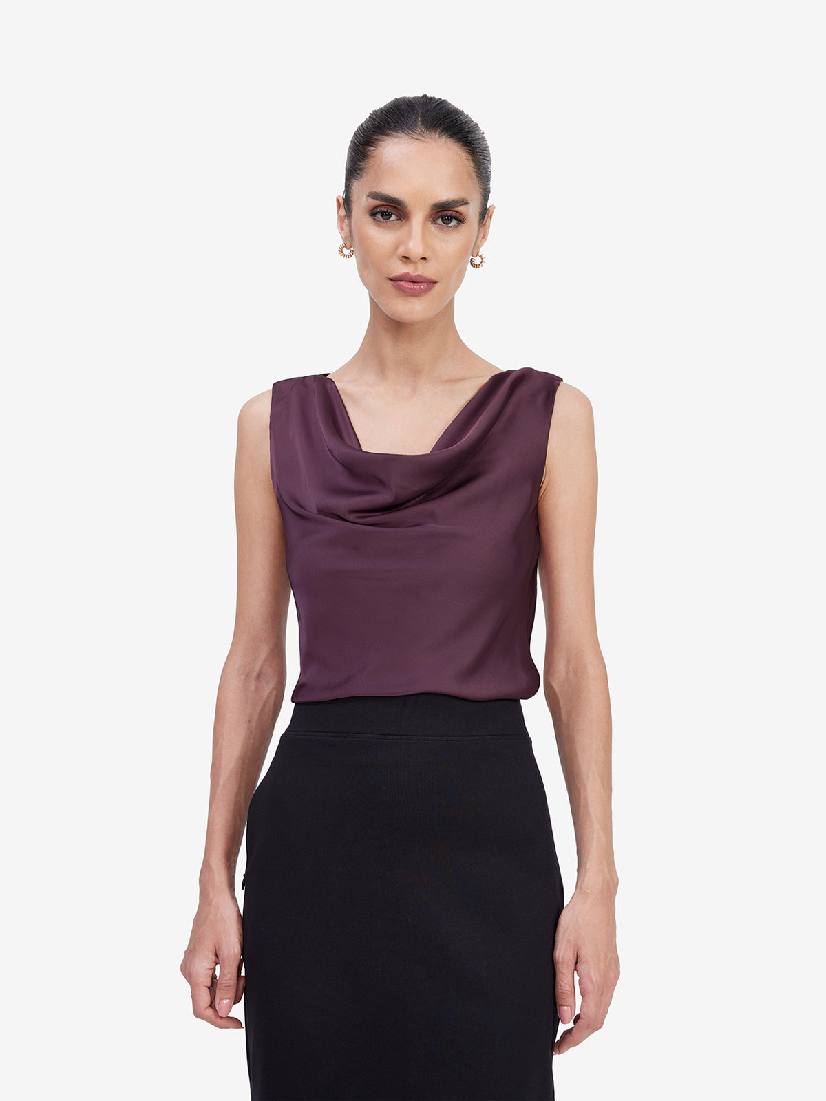 Wine Satin Cowl Top