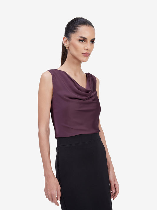 Wine Satin Cowl Top
