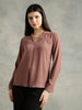 Mauve Cuban Collar Long Sleeves Top