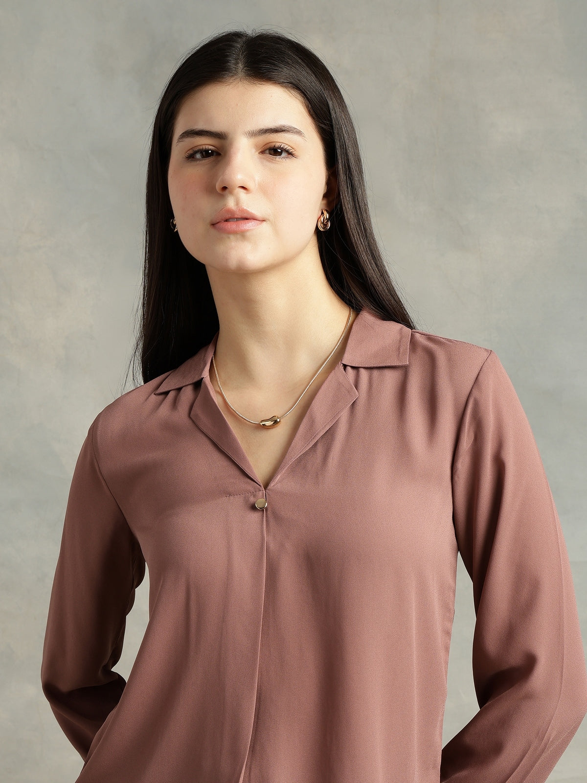 Mauve Cuban Collar Long Sleeves Top