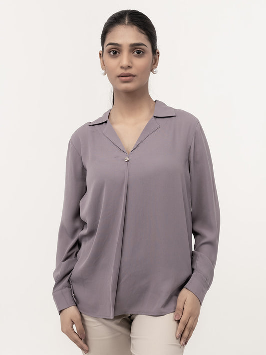 Purple Cuban Collar Long Sleeves Top