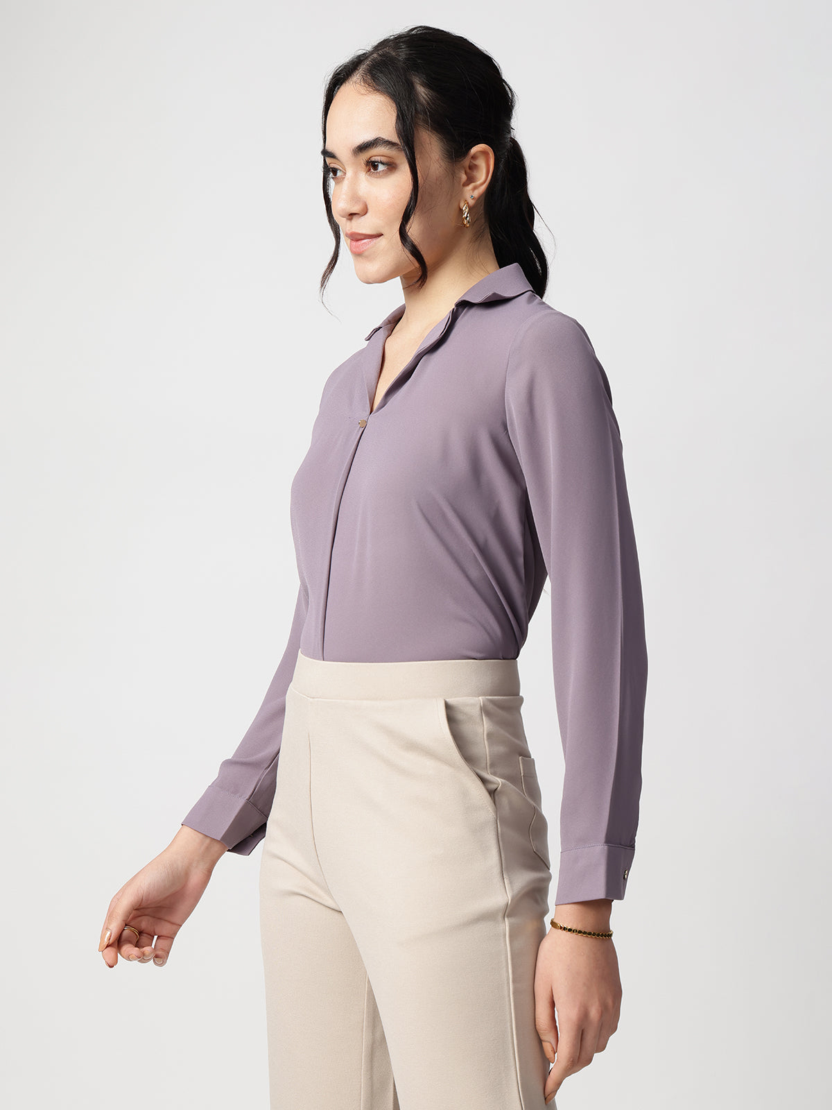Purple Cuban Collar Long Sleeves Top