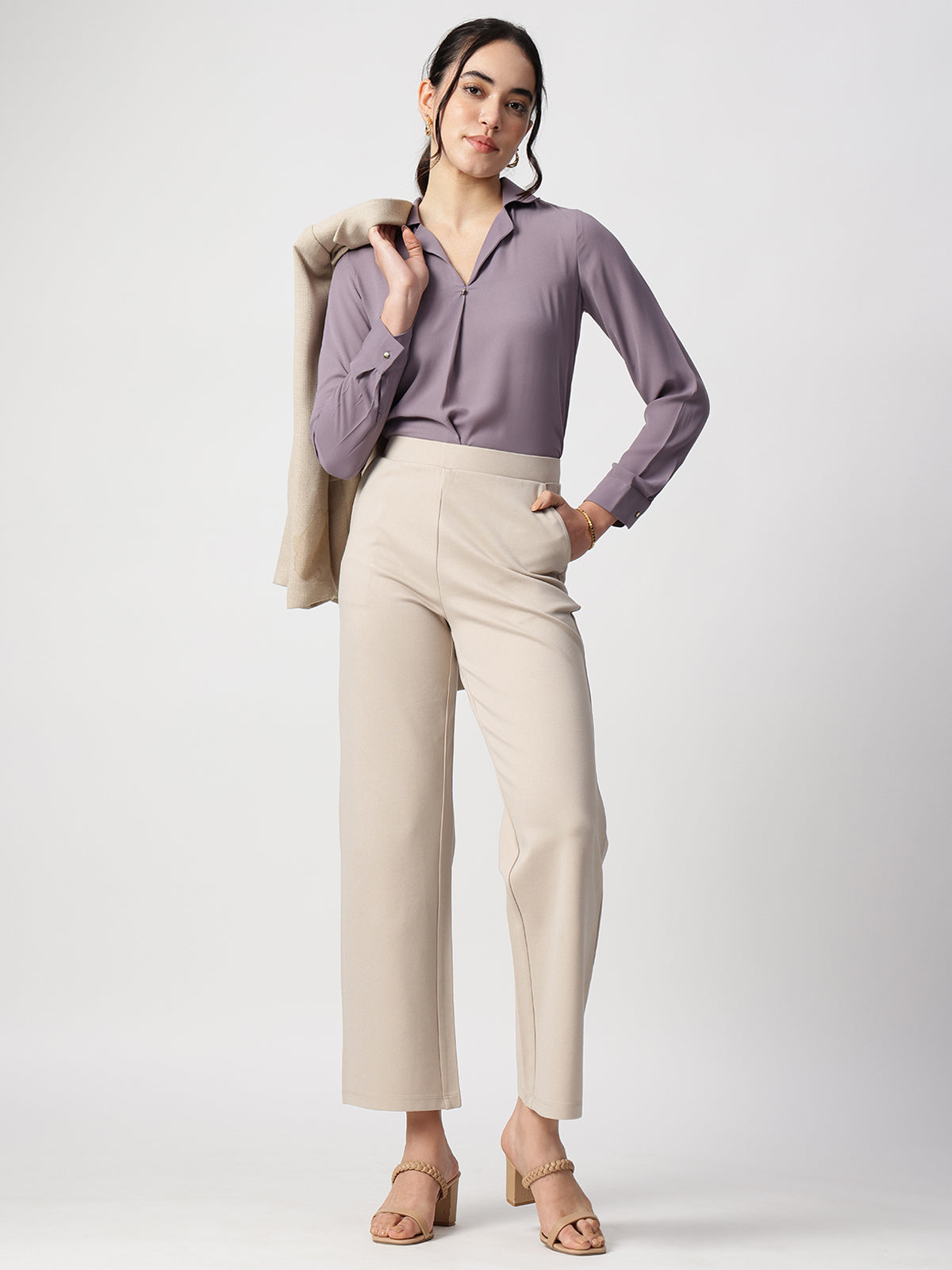 Purple Cuban Collar Long Sleeves Top