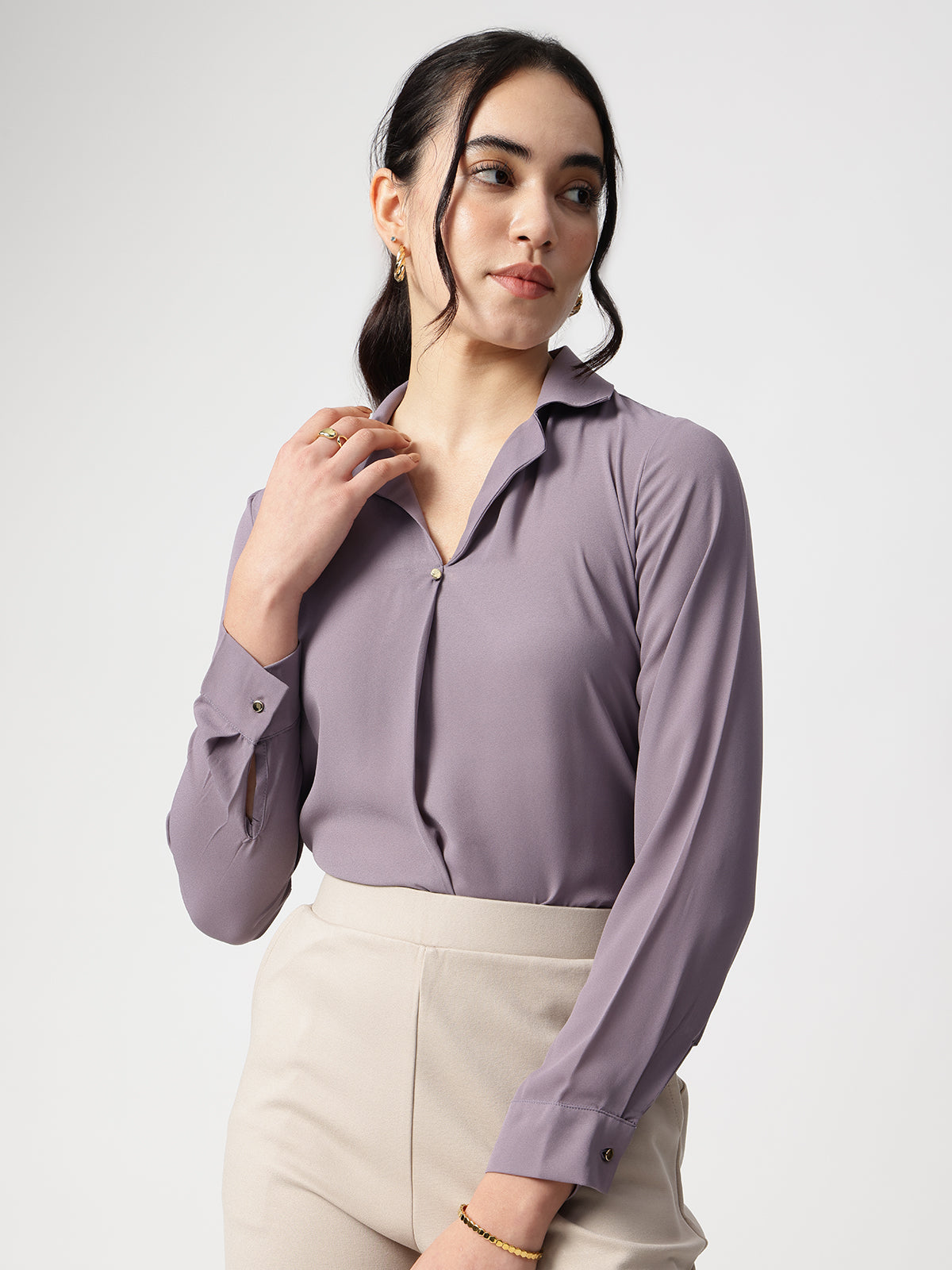 Purple Cuban Collar Long Sleeves Top
