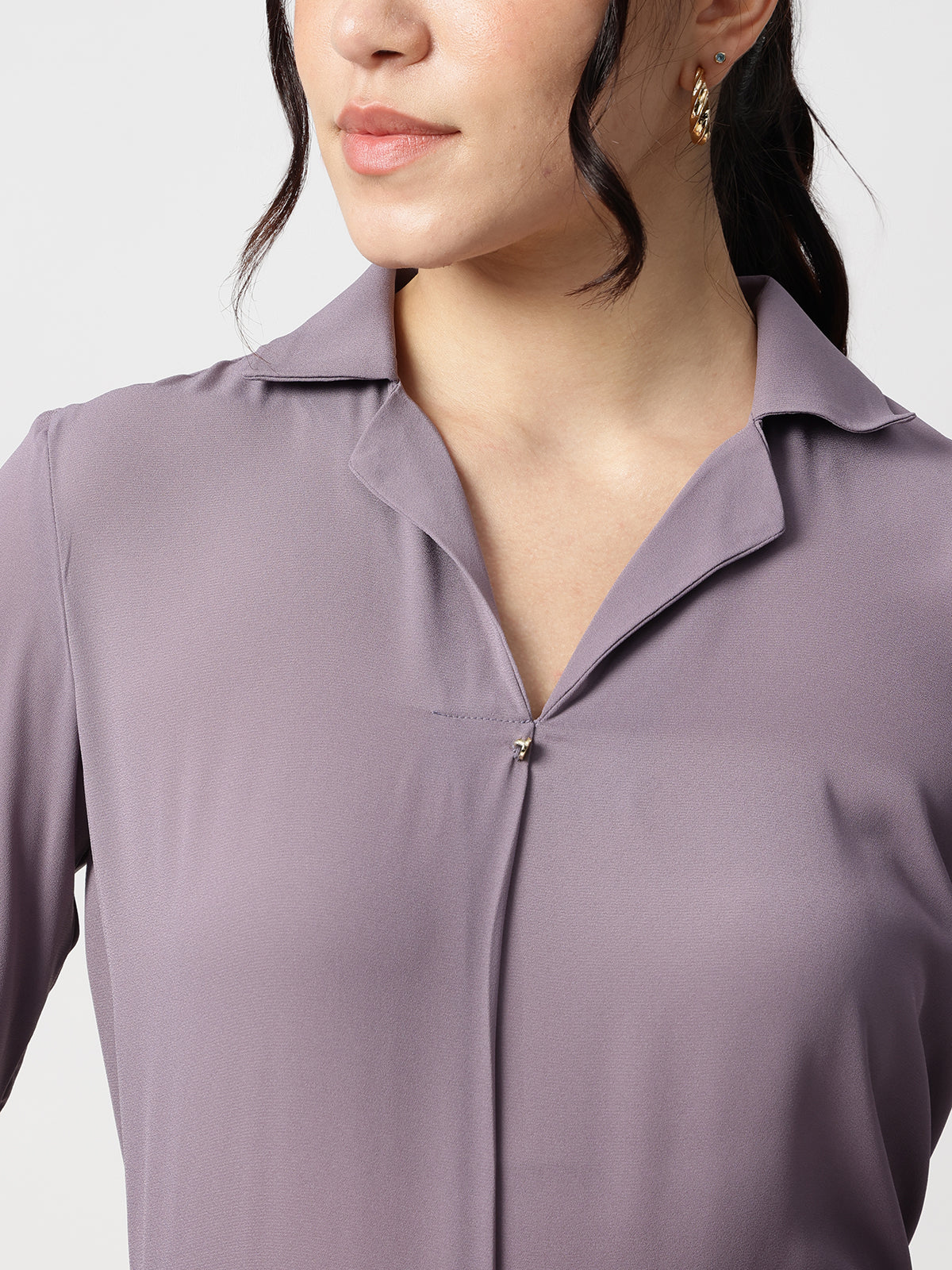 Purple Cuban Collar Long Sleeves Top