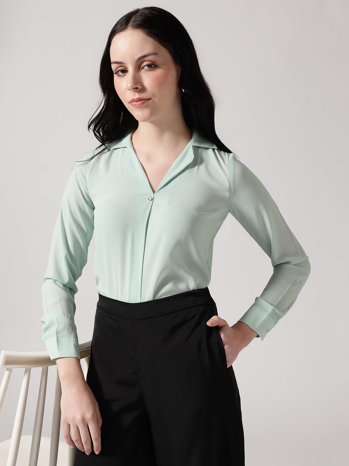 Mint Cuban Collar Long Sleeves Top