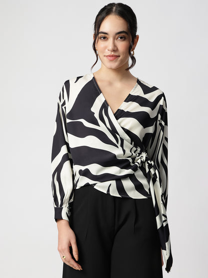Black Satin V-Neck Long Sleeves Top