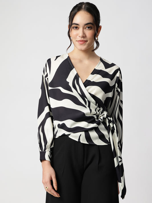 Black Satin V-Neck Long Sleeves Top