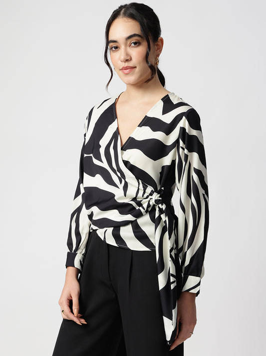 Black Satin V-Neck Long Sleeves Top