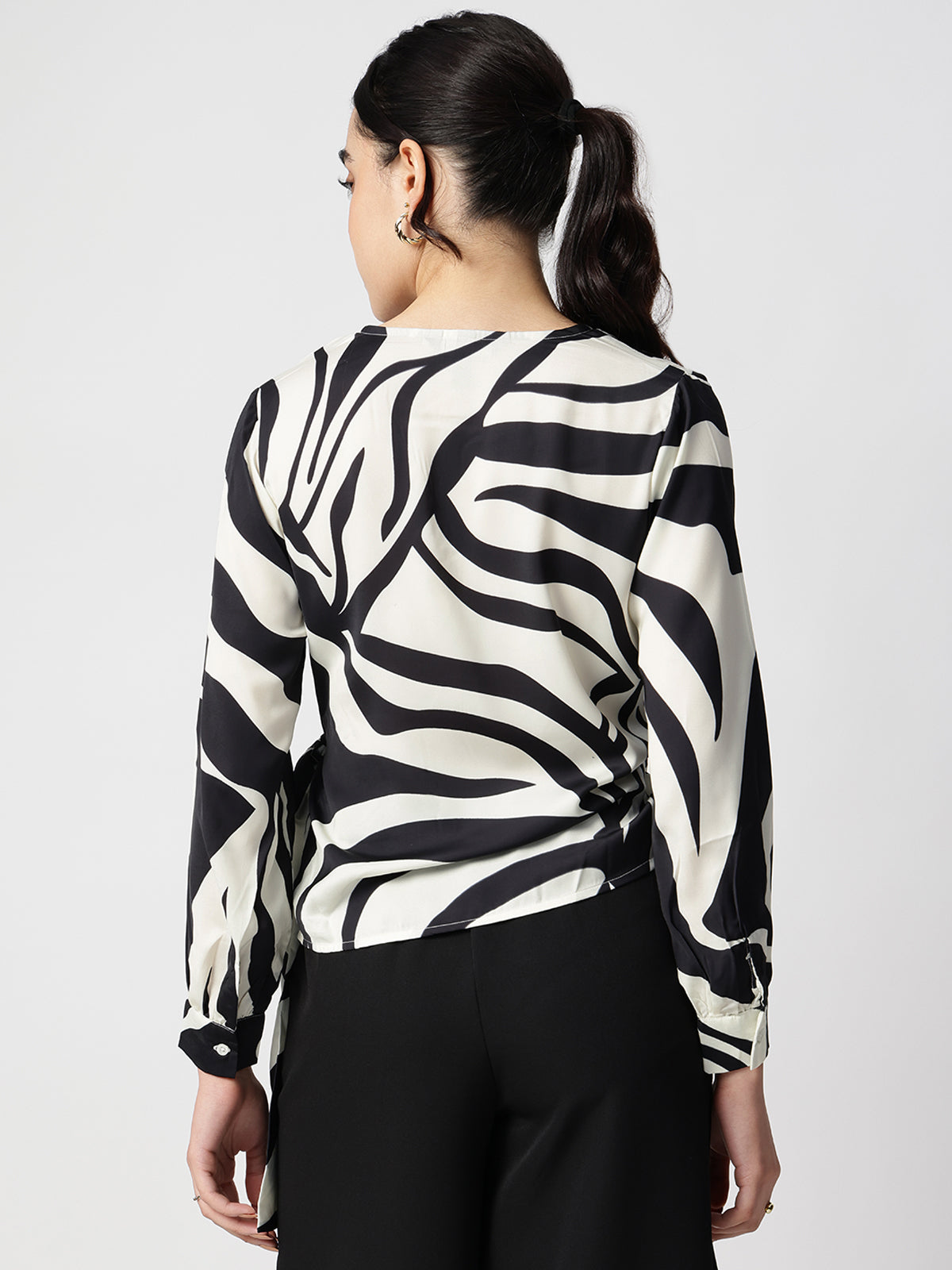 Black Satin V-Neck Long Sleeves Top