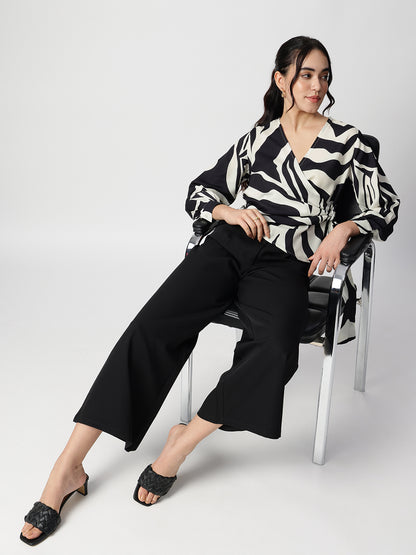 Black Satin V-Neck Long Sleeves Top