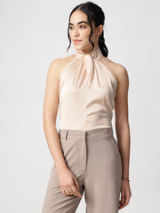 Beige Satin Halter Neck Sleeveless Top