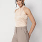 Beige Satin Halter Neck Sleeveless Top