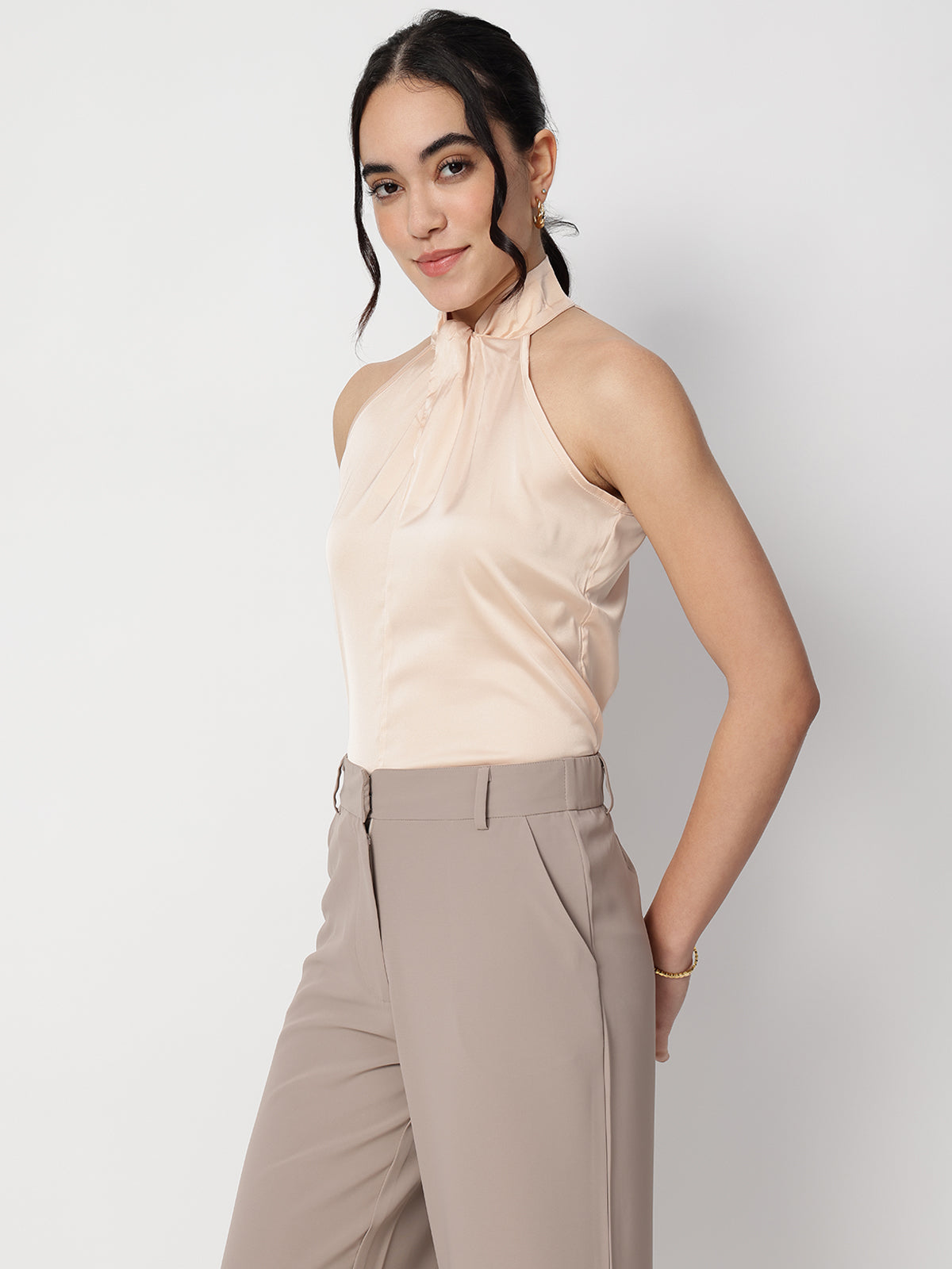 Beige Satin Halter Neck Sleeveless Top