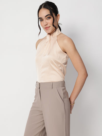 Beige Satin Halter Neck Sleeveless Top