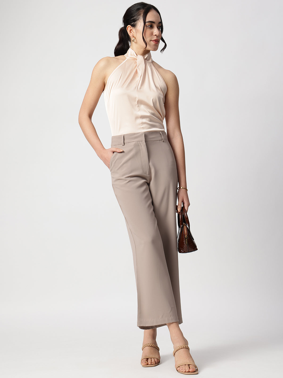 Beige Satin Halter Neck Sleeveless Top